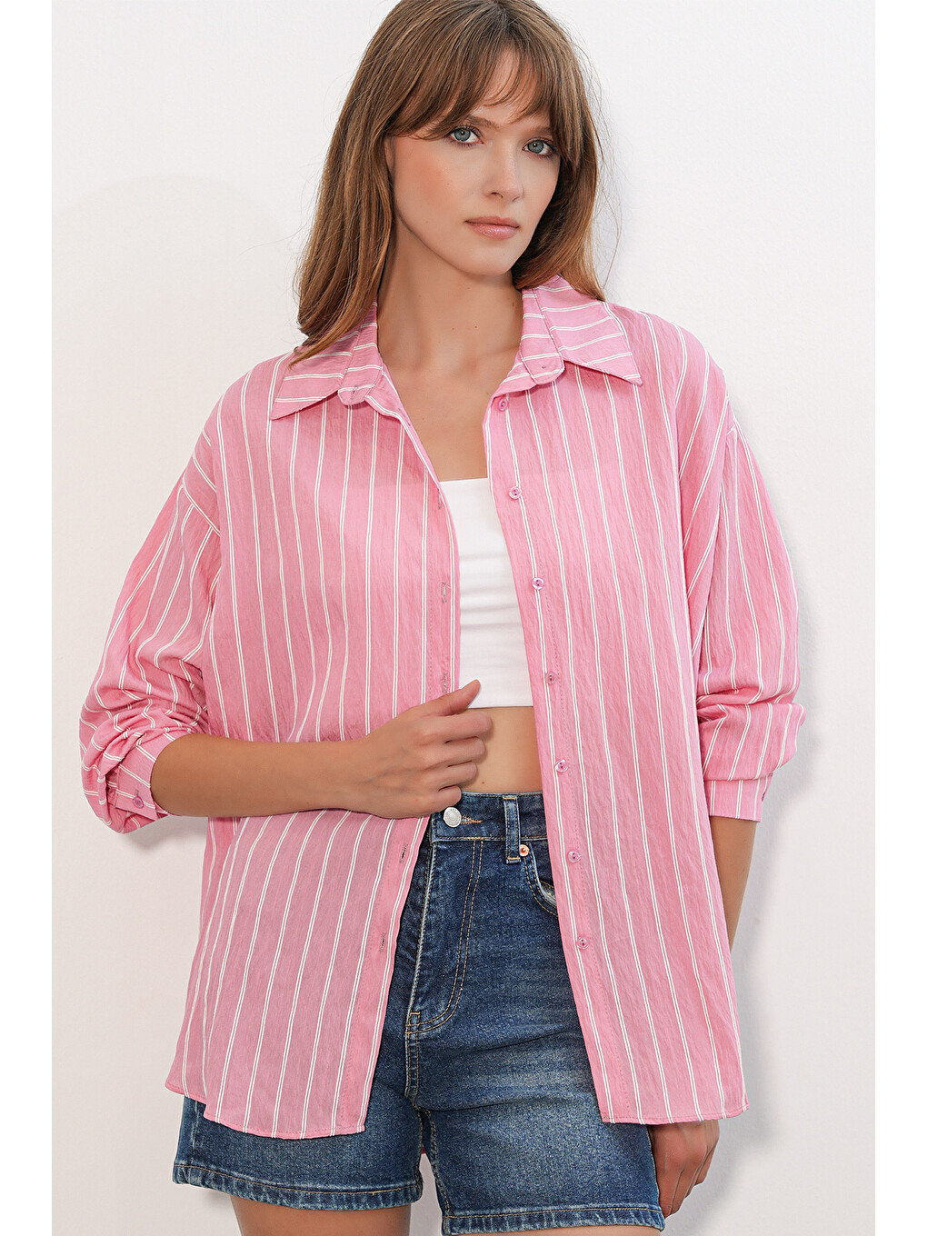 Pembe Kadın Çizgili Oversize Gömlek 20293 - Somon