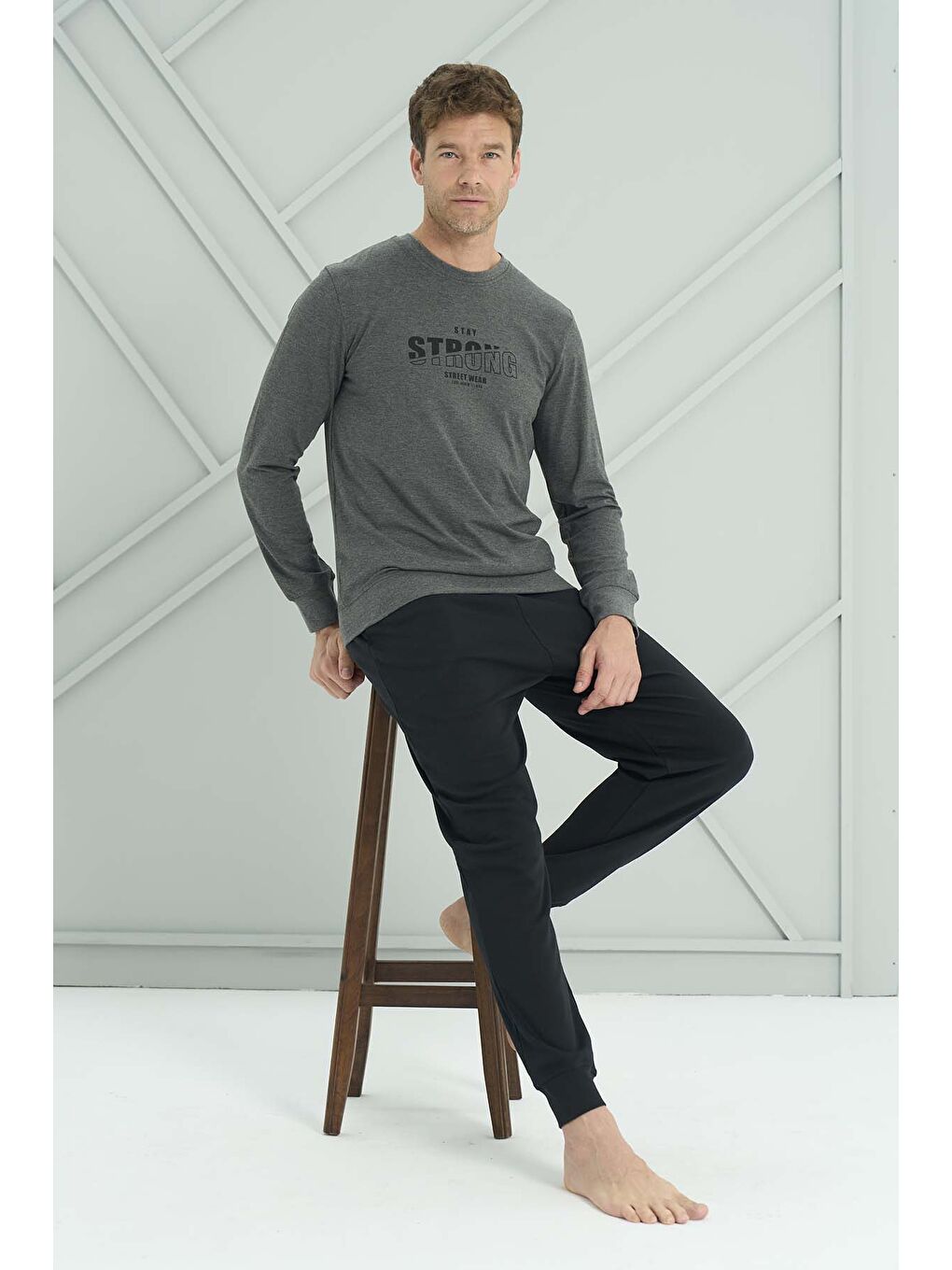 Erkek Penye Uzun Kol Pijama Takımı 2219 Antrasit-1