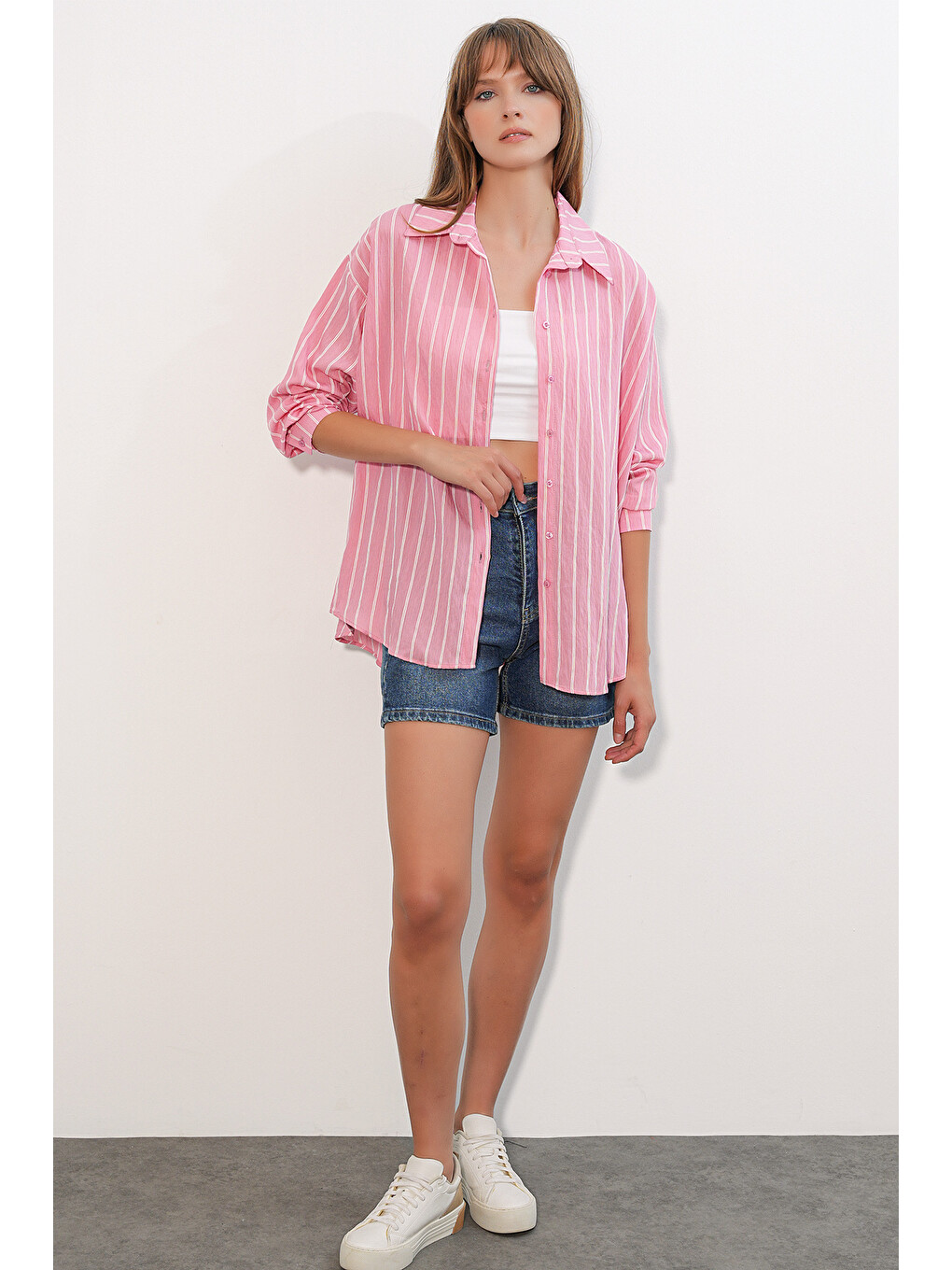 Pembe Kadın Çizgili Oversize Gömlek 20293 - Somon-1