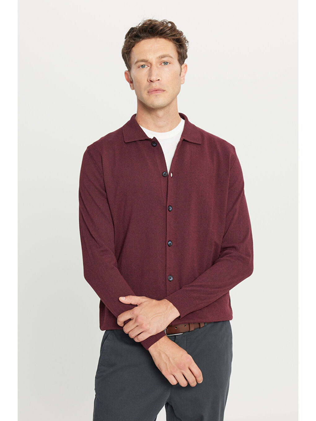 Erkek Bordo Pamuklu Standart Fit Normal Kesim Gömlek Yaka Triko Gömlek-2
