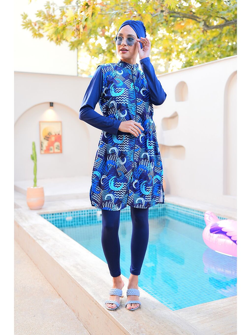 Lacivert Paraşüt Kumaş Fermuarlı Jile Model Taytlı Kapalı Tesettür Mayo 3866