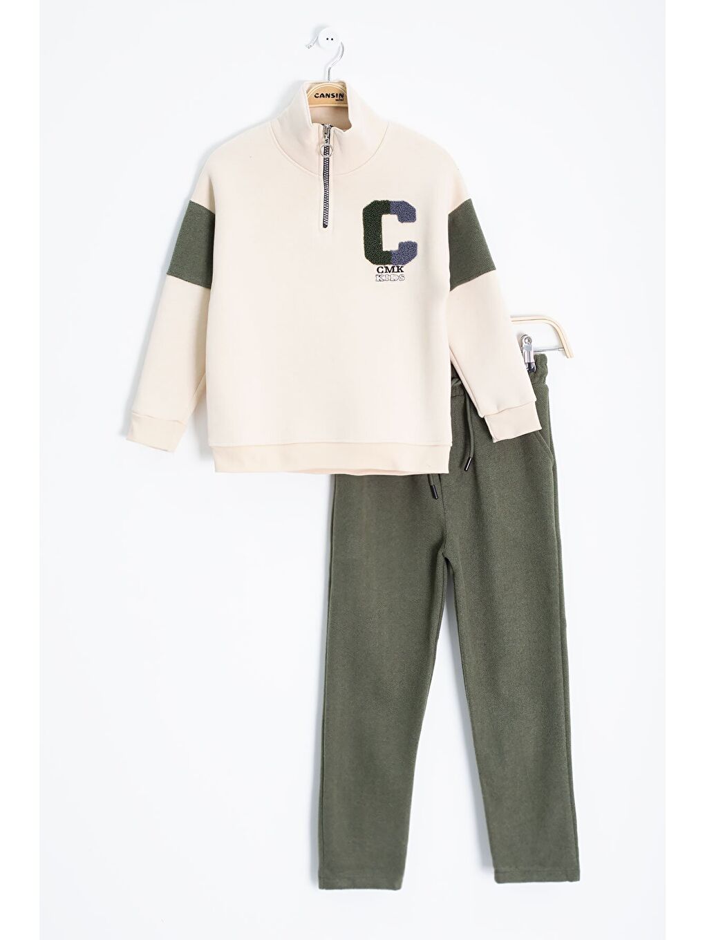 Haki Kadife Pantolonlu Fermuarlı Yaka Şardonlu Erkek Çocuk Takım 23244
