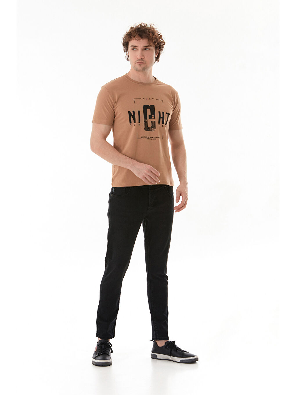Bej Night Yazı Baskılı Bisiklet Yaka Tişört-1