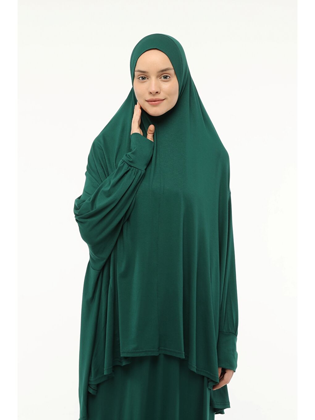 Yeşil İki Parça Pamuklu Yarasa Kollu Başörtülü Organik Terletmez  Elbise