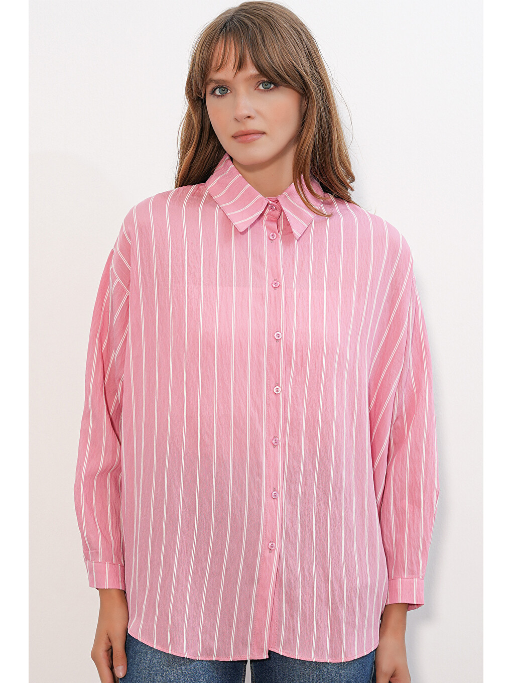 Pembe Kadın Çizgili Oversize Gömlek 20293 - Somon-2