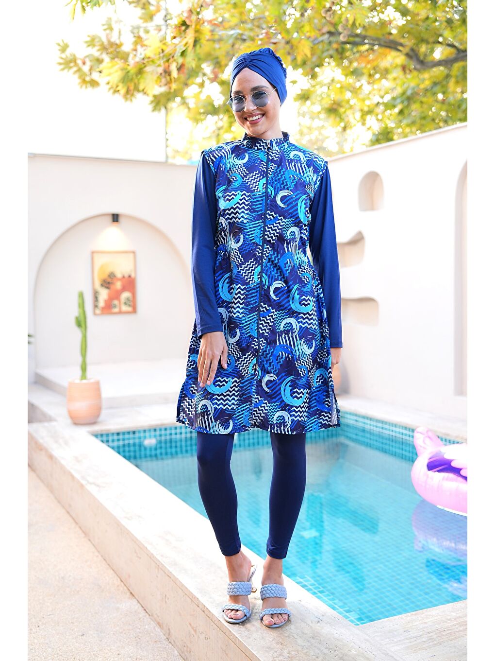 Lacivert Paraşüt Kumaş Fermuarlı Jile Model Taytlı Kapalı Tesettür Mayo 3866-1