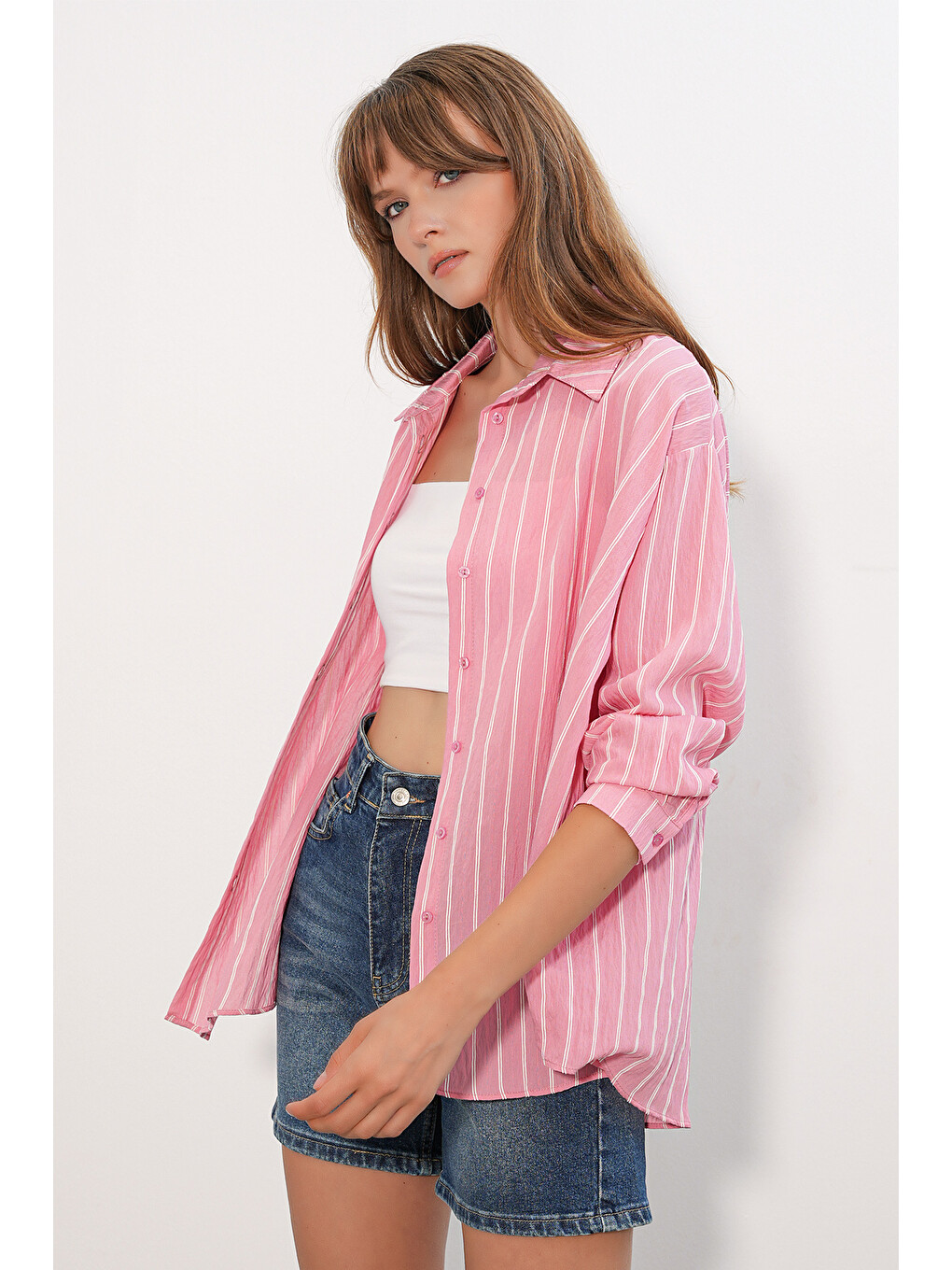 Pembe Kadın Çizgili Oversize Gömlek 20293 - Somon-3