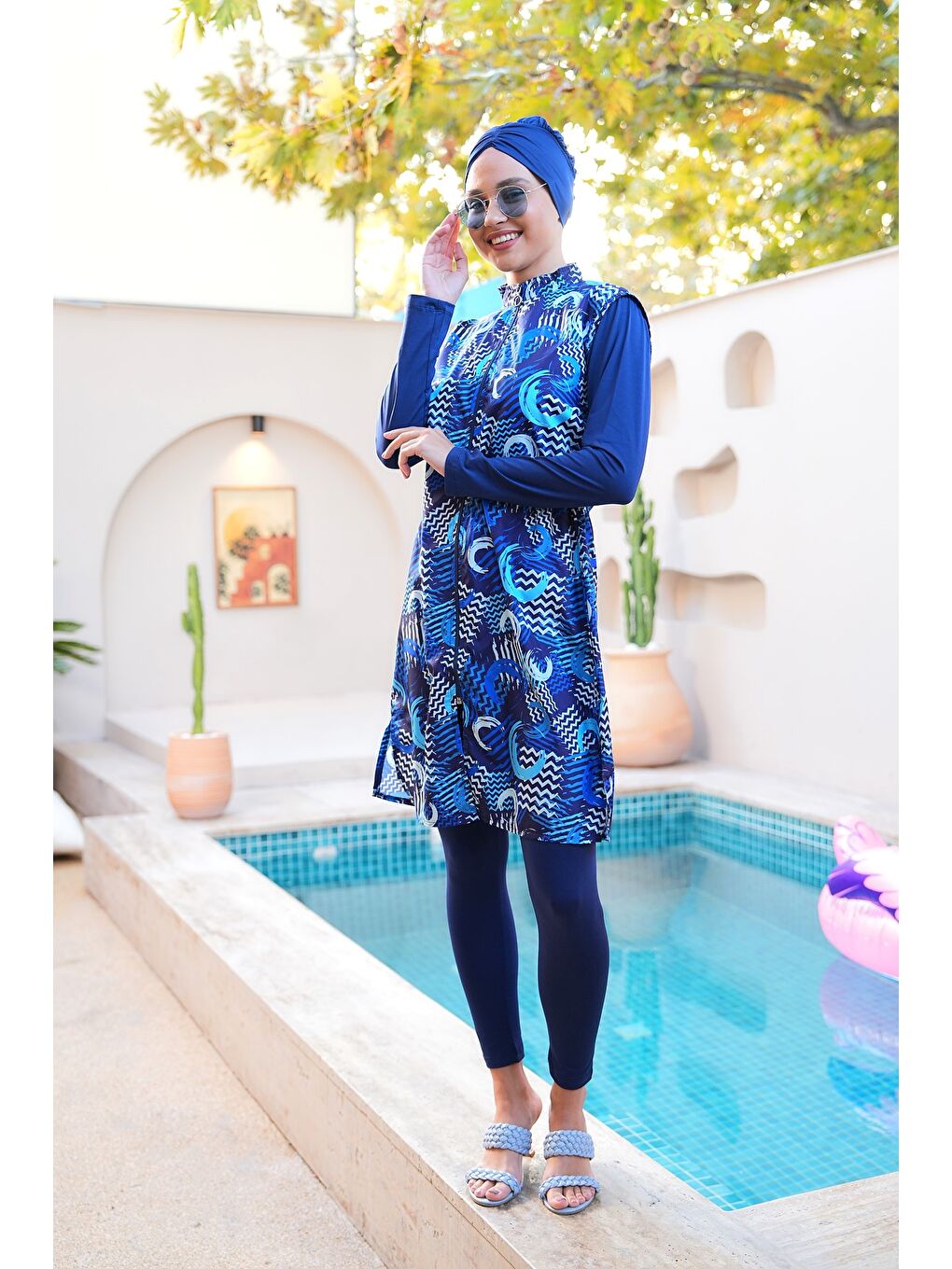 Lacivert Paraşüt Kumaş Fermuarlı Jile Model Taytlı Kapalı Tesettür Mayo 3866-2