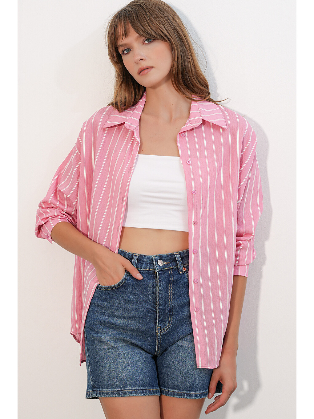 Pembe Kadın Çizgili Oversize Gömlek 20293 - Somon-4