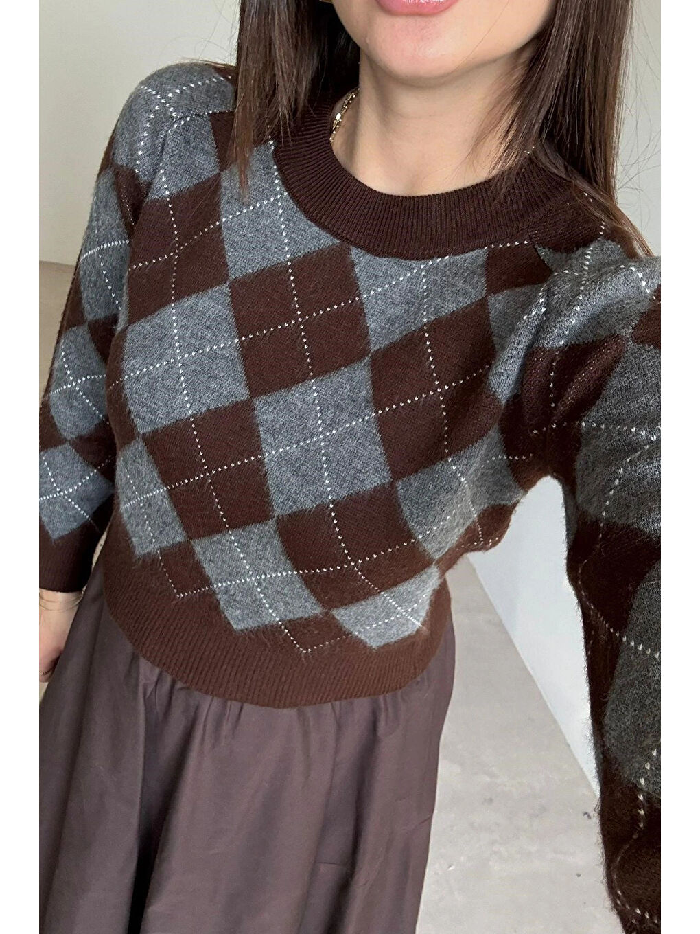 Kahverengi Kadın Kahve Baklava Desen Kazak 1014-5219