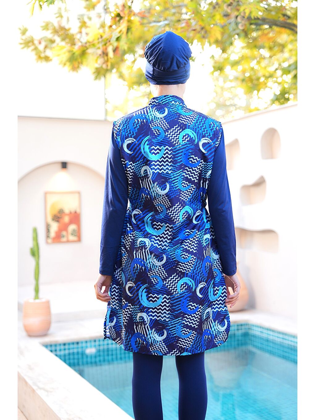 Lacivert Paraşüt Kumaş Fermuarlı Jile Model Taytlı Kapalı Tesettür Mayo 3866-4