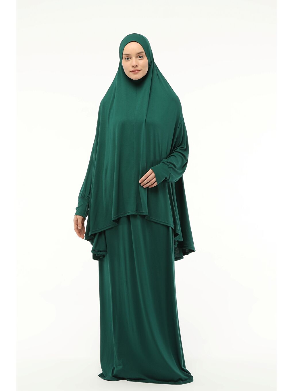 Yeşil İki Parça Pamuklu Yarasa Kollu Başörtülü Organik Terletmez  Elbise-3