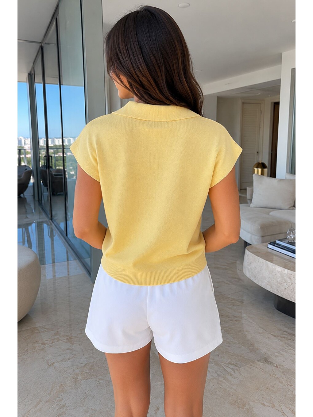 Sarı Kadın Japone Kol Polo Yaka Triko Bluz-3