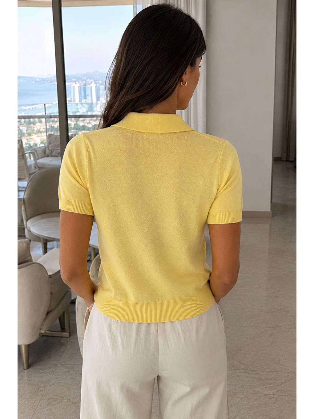 Sarı Kadın Polo Yaka Çiçek Nakışlı Triko Bluz-2