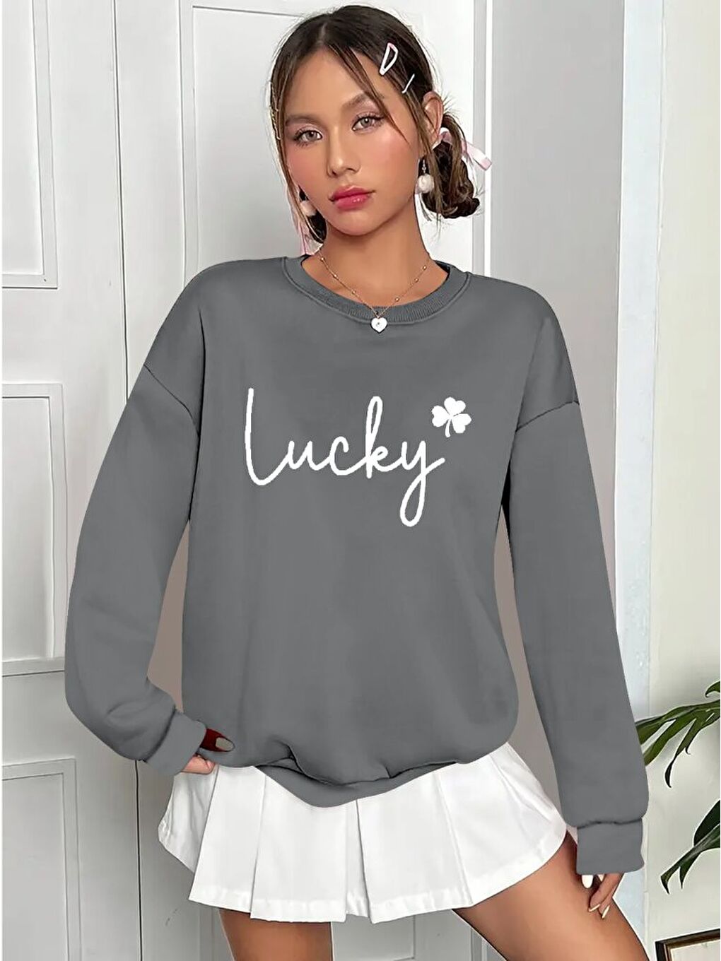 Gri Kadın Uzun Kollu Bisiklet Yaka Viskon Iki Iplik Bluz