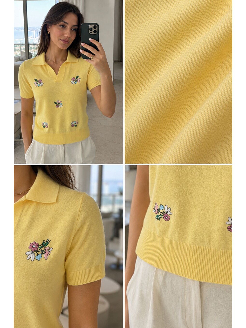 Sarı Kadın Polo Yaka Çiçek Nakışlı Triko Bluz-3