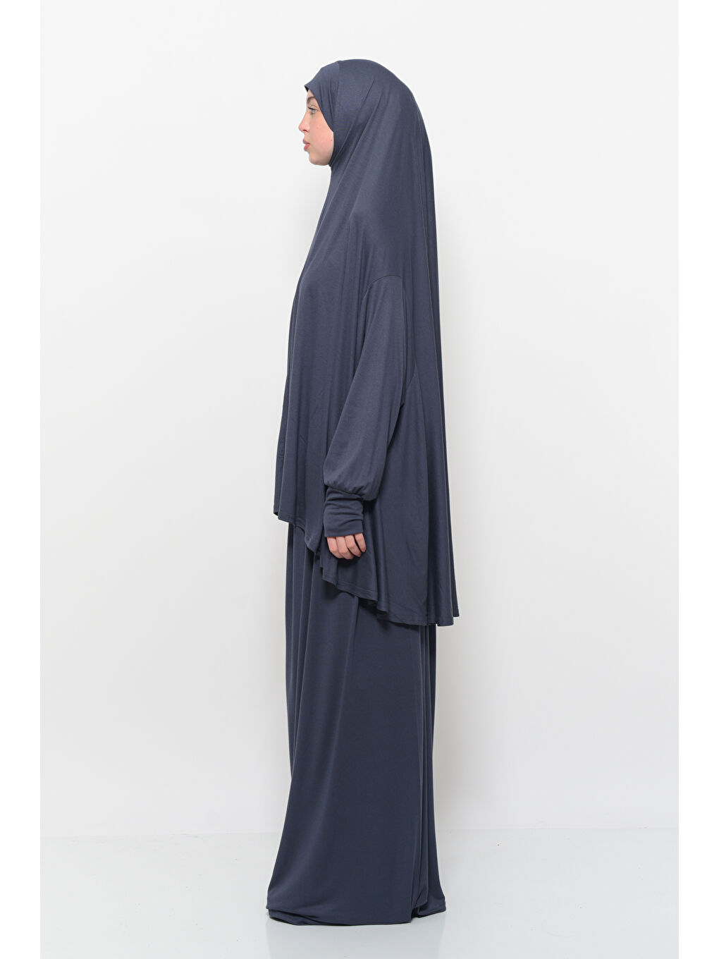 Gri İki Parça Pamuklu Yarasa Kollu Başörtülü Organik Terletmez  Elbise-3