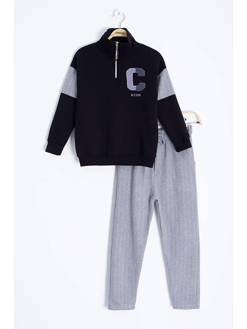 Gri Kadife Pantolonlu Fermuarlı Yaka Şardonlu Erkek Çocuk Takım 23243