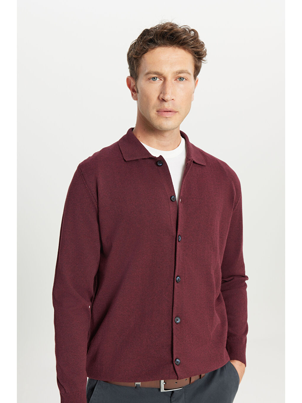 Erkek Bordo Pamuklu Standart Fit Normal Kesim Gömlek Yaka Triko Gömlek-3