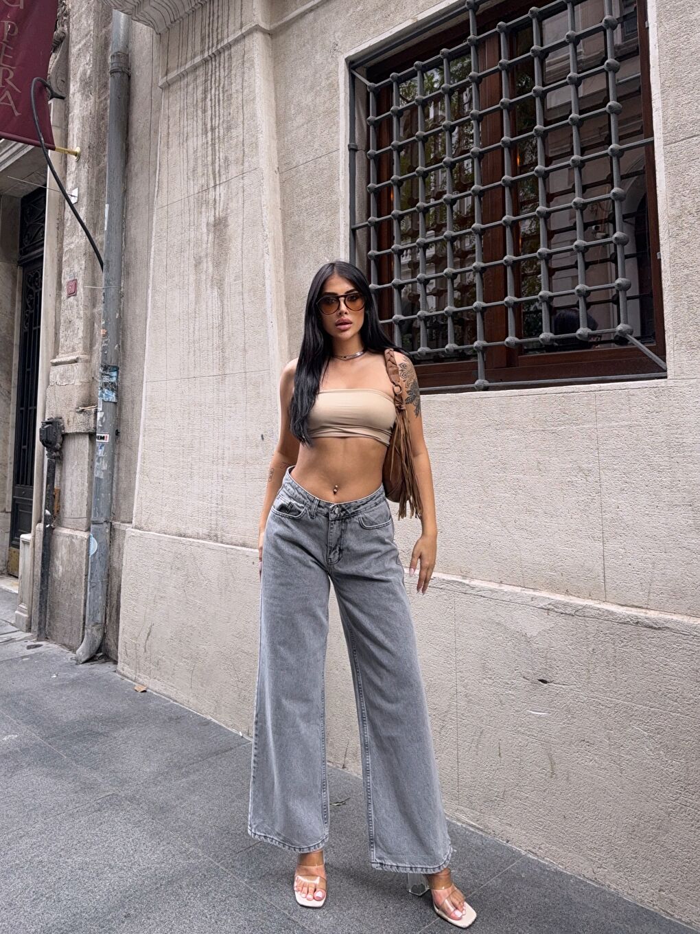 Gri Yüksek Bel Geniş Paça Jean Pantolon-2