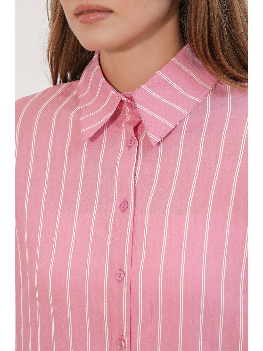 Pembe Kadın Çizgili Oversize Gömlek 20293 - Somon-5