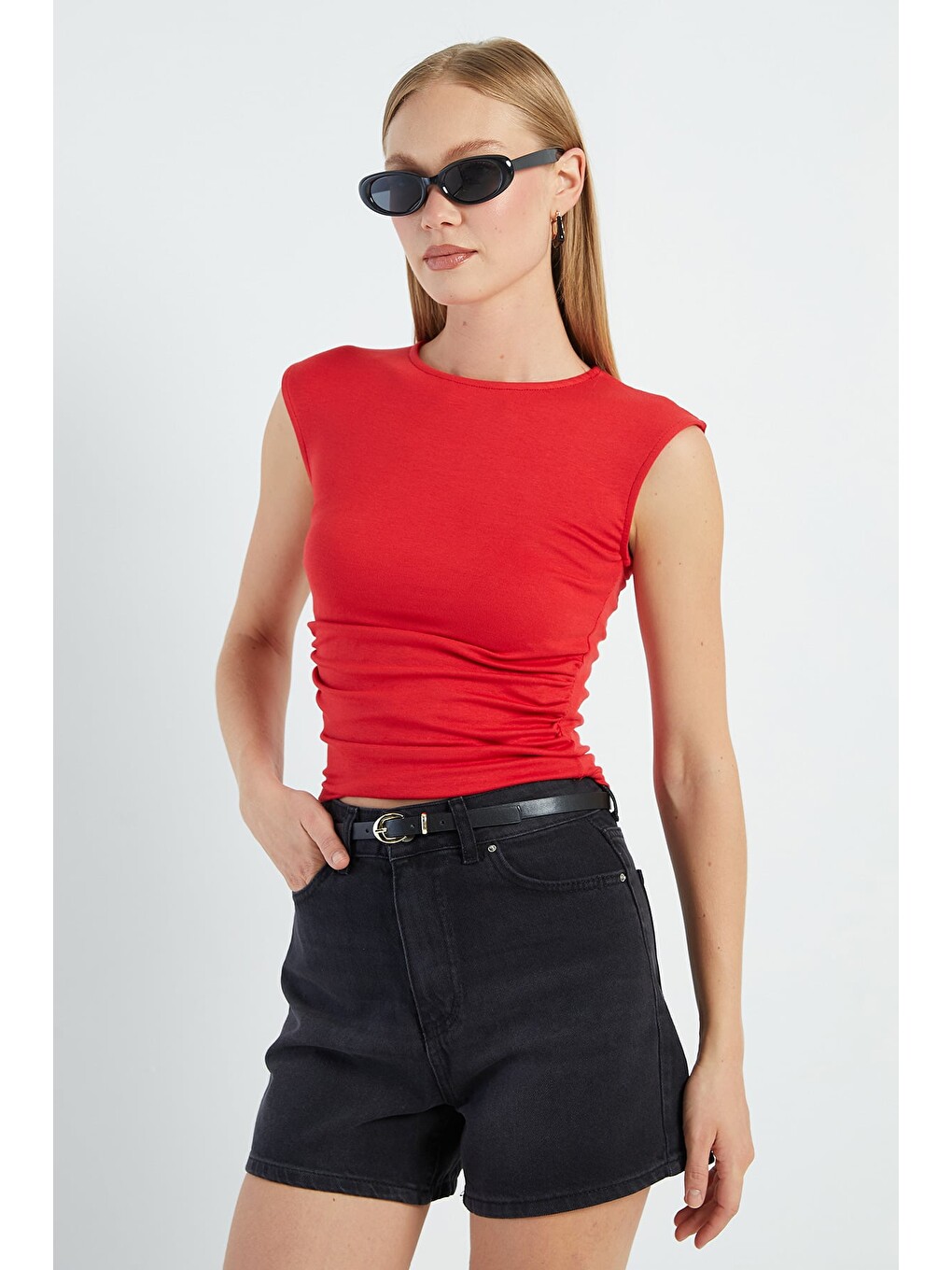 Kırmızı Yanı Drapeli Slim Fit Bluz-1