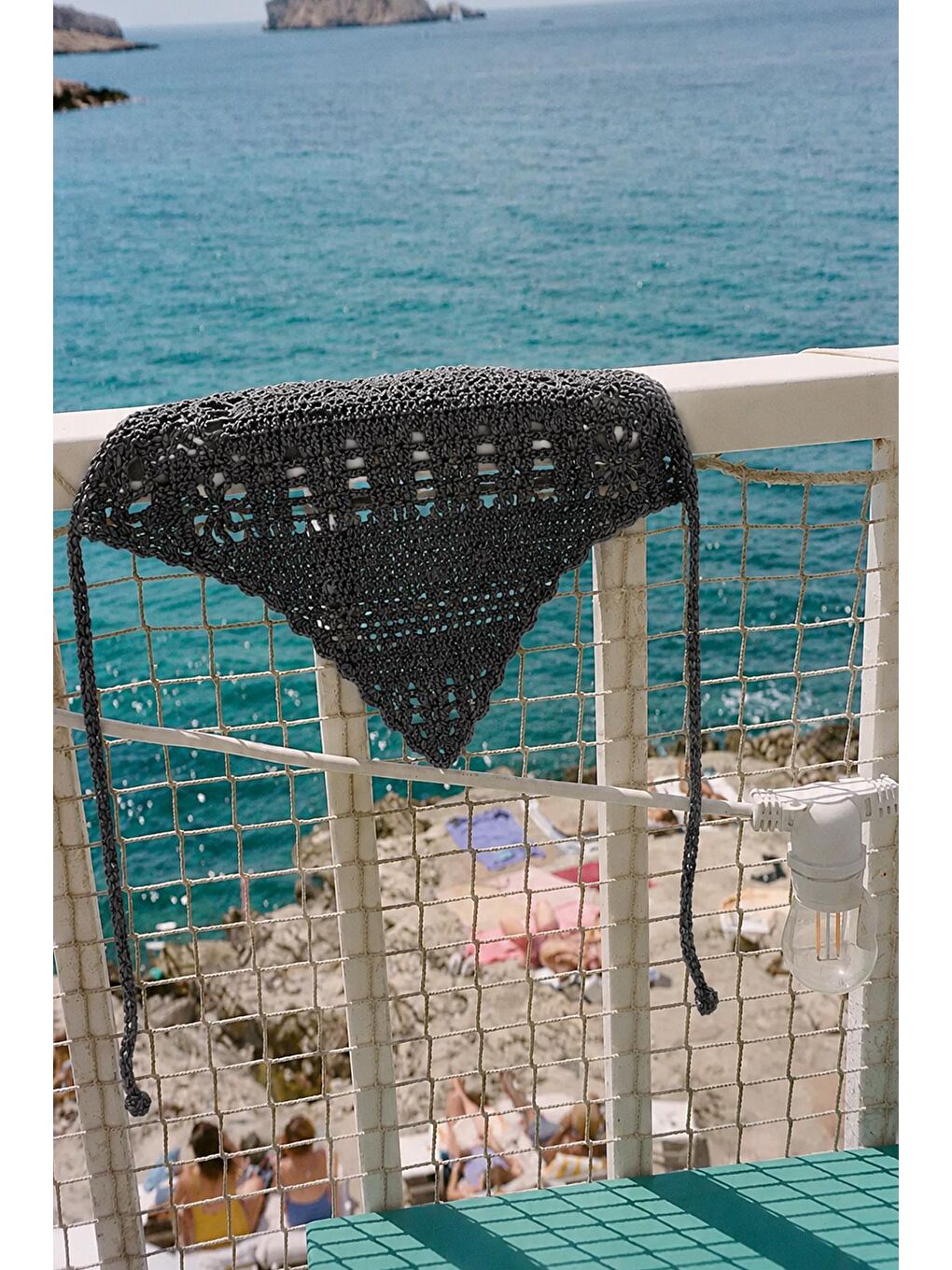 Gri Düz Örgü Crochet Üçgen Bandana-1