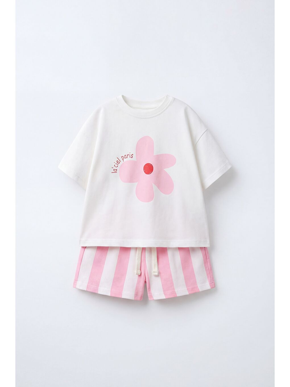 Kız Çocuk Pamuklu Beyaz Çiçek Baskılı Tişört Şort Takım - Pembe Çizgili