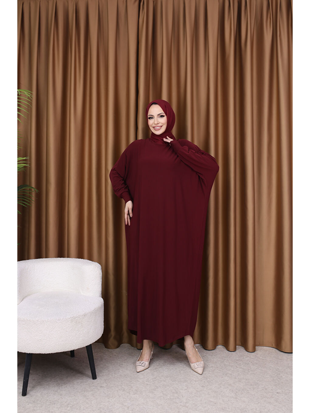 Kadın Trend Basic Uzun Kollu Bordo Elbise-4