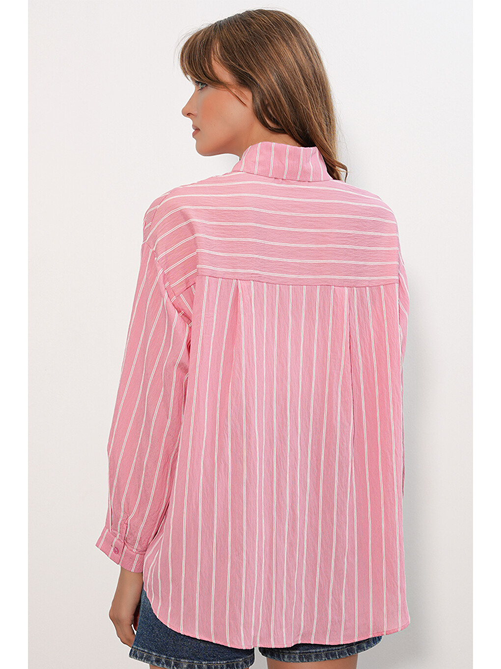 Pembe Kadın Çizgili Oversize Gömlek 20293 - Somon-6