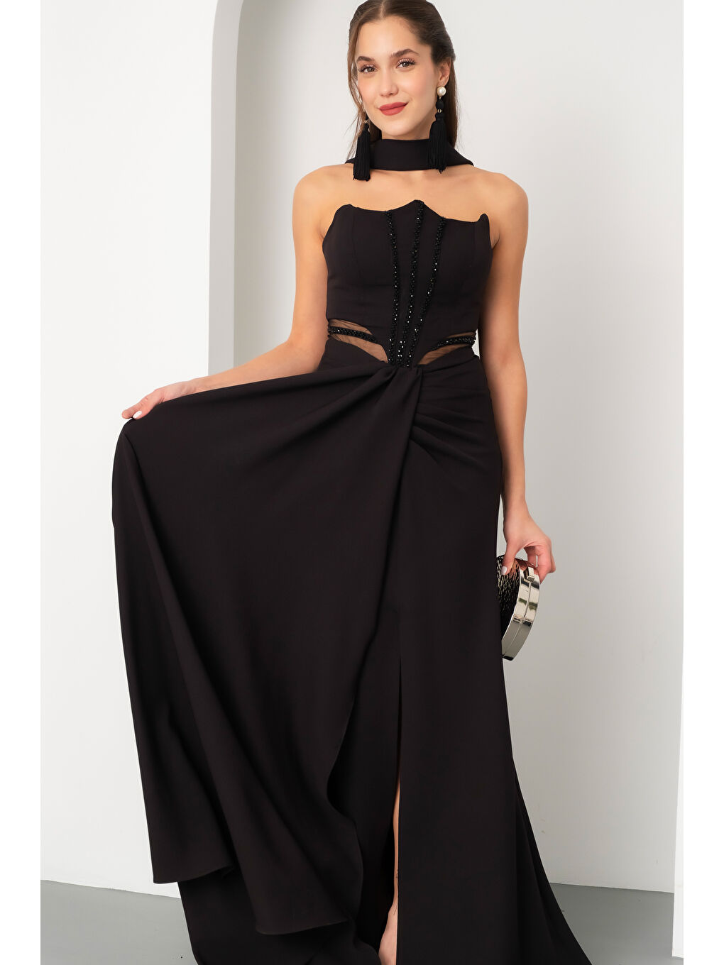 Kadın Siyah Taş İşlemeli Straplez Uzun Abiye Elbise-2