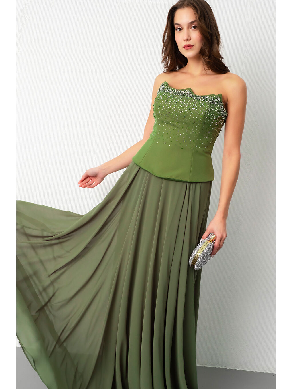 Kadın Haki Straplez Taşlı Uzun Tül Abiye Elbise-2