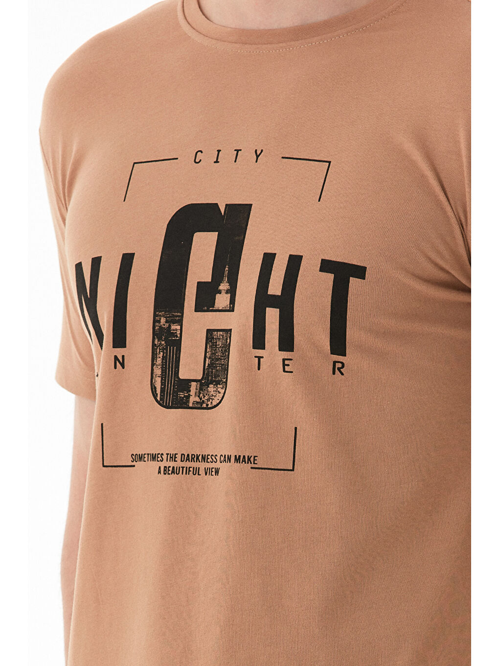 Bej Night Yazı Baskılı Bisiklet Yaka Tişört-3