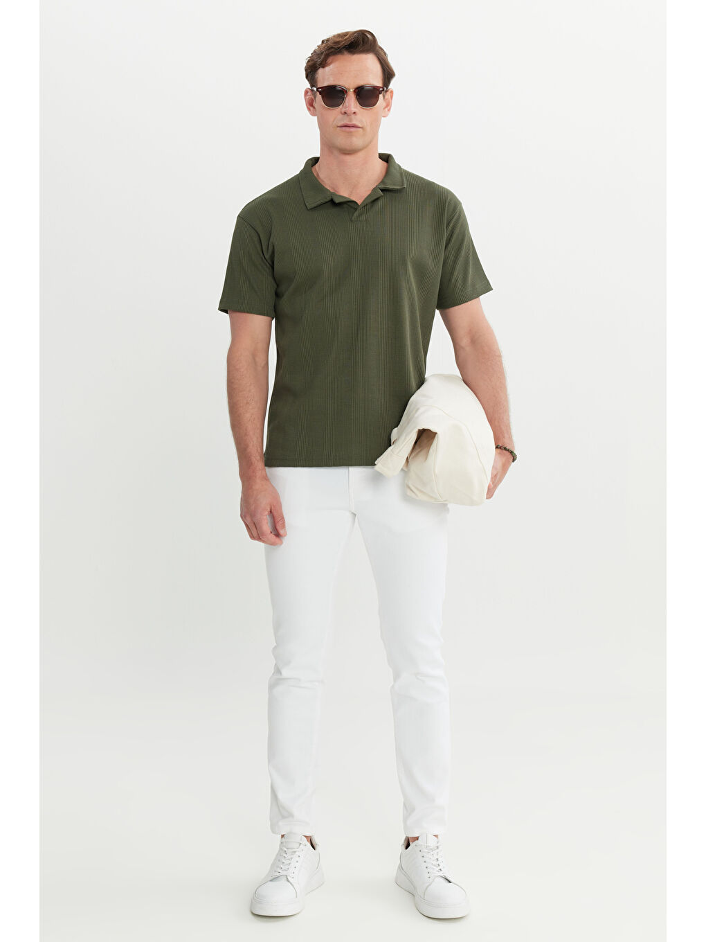 Erkek Haki Relax Fit Rahat Kesim Polo Yaka Tişört-1