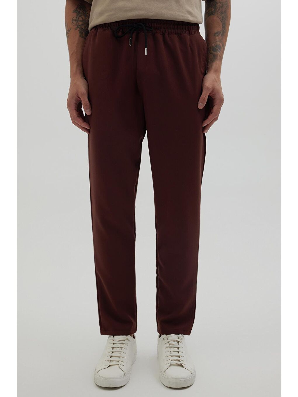 Kahverengi Erkek Regular Fit Beli Lastikli Bağcıklı Jogger Kiremit Pantolon Rahat Kesim Yan Cepli
