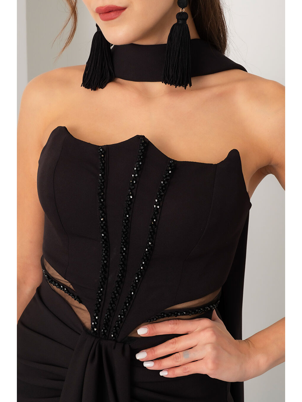 Kadın Siyah Taş İşlemeli Straplez Uzun Abiye Elbise-3