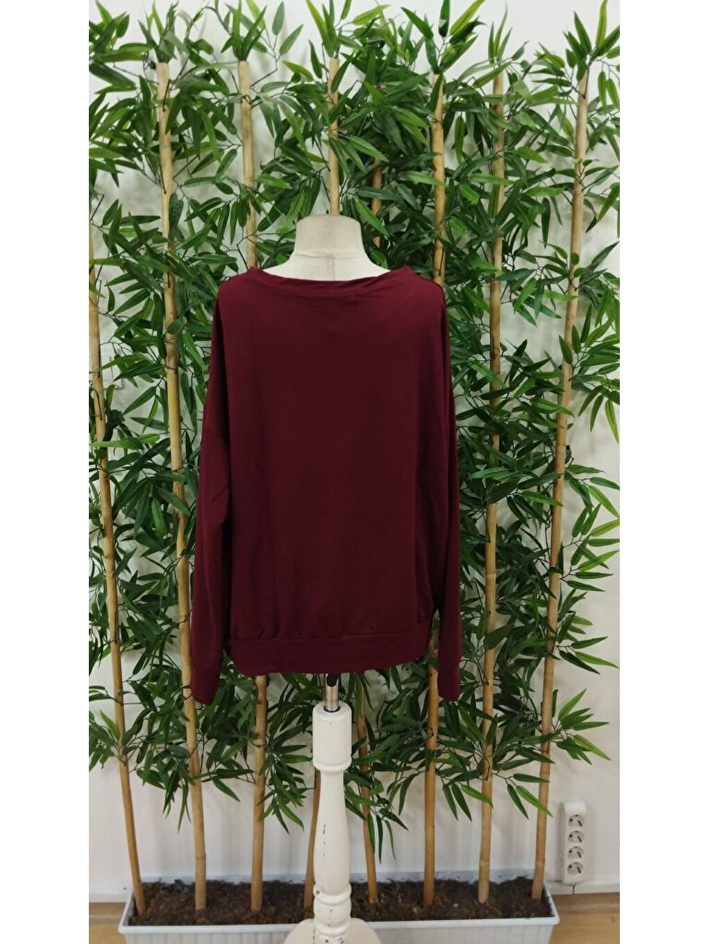 Bordo Kadın Uzun Kollu Bisiklet Yaka Viskon Iki Iplik Bluz-3