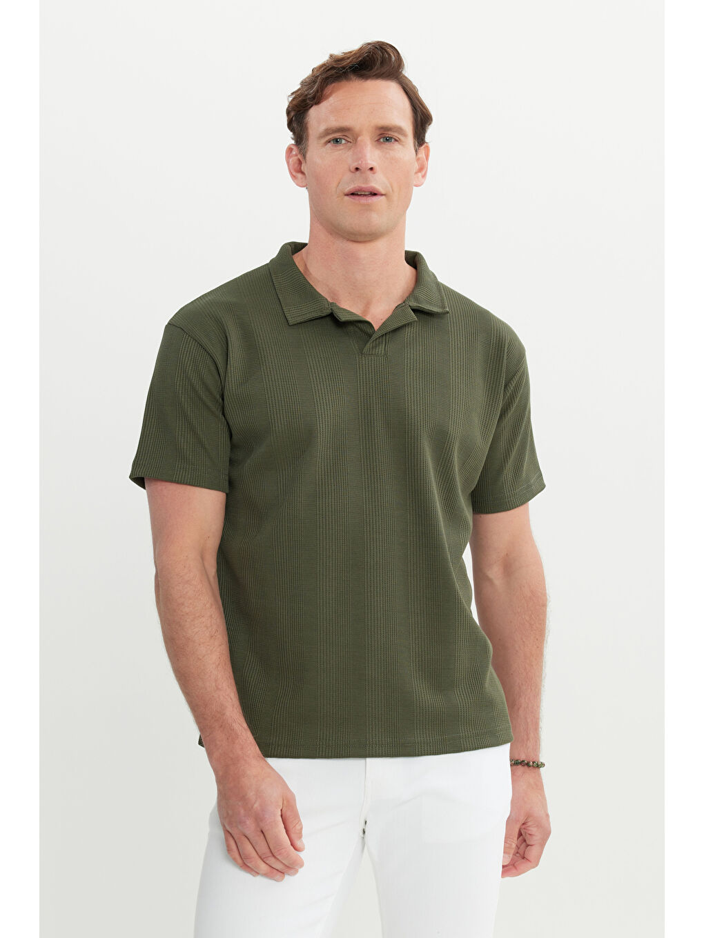 Erkek Haki Relax Fit Rahat Kesim Polo Yaka Tişört-2