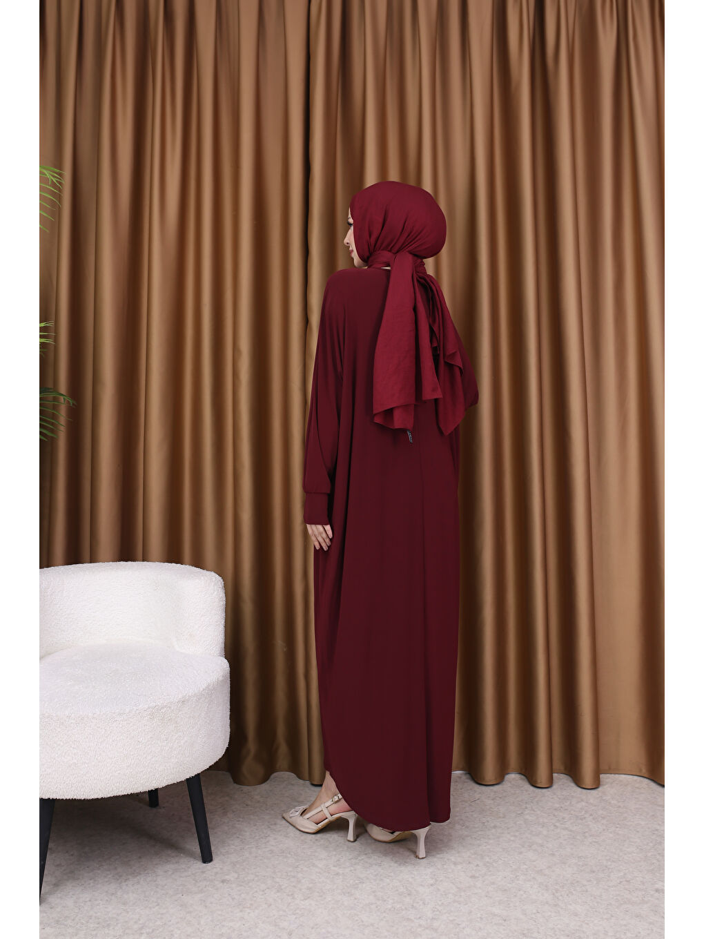 Kadın Trend Basic Uzun Kollu Bordo Elbise-5