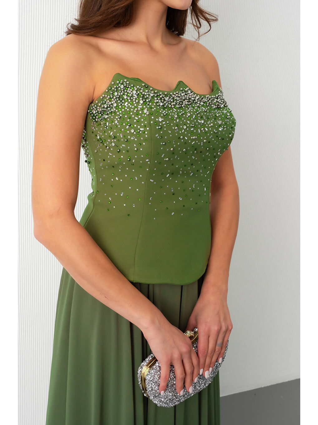Kadın Haki Straplez Taşlı Uzun Tül Abiye Elbise-4