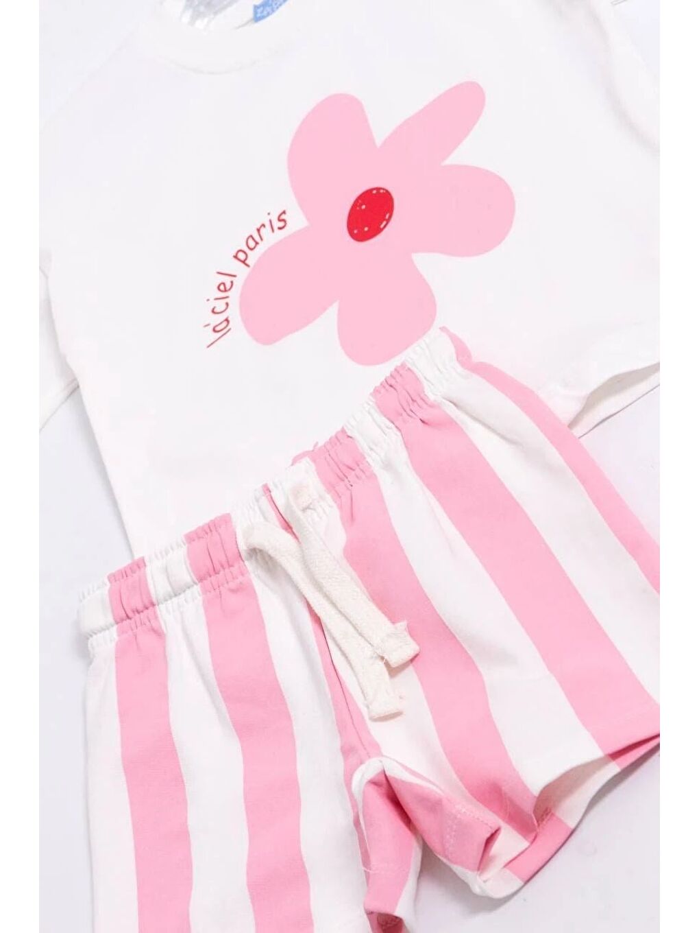 Kız Çocuk Pamuklu Beyaz Çiçek Baskılı Tişört Şort Takım - Pembe Çizgili-1