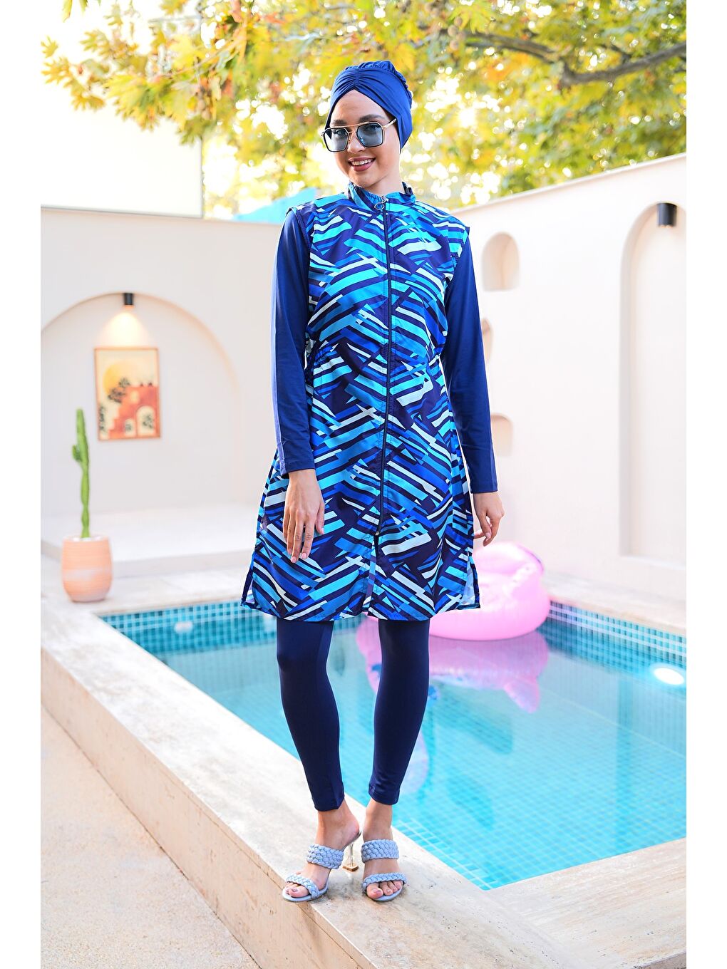 Lacivert Paraşüt Kumaş Fermuarlı Jile Model Taytlı Kapalı Tesettür Mayo 3861