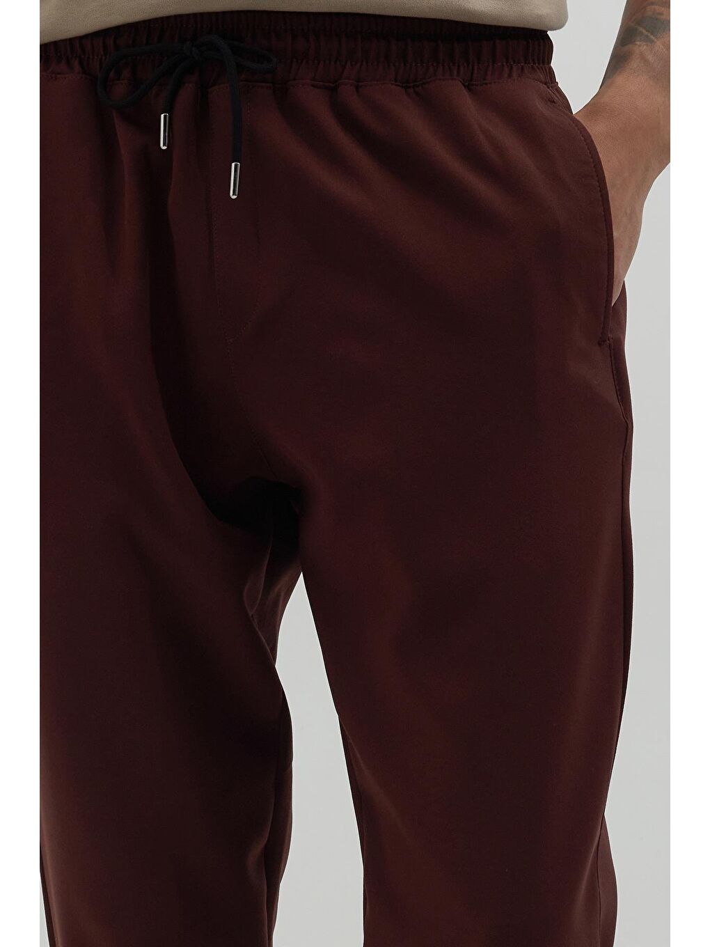 Kahverengi Erkek Regular Fit Beli Lastikli Bağcıklı Jogger Kiremit Pantolon Rahat Kesim Yan Cepli-2