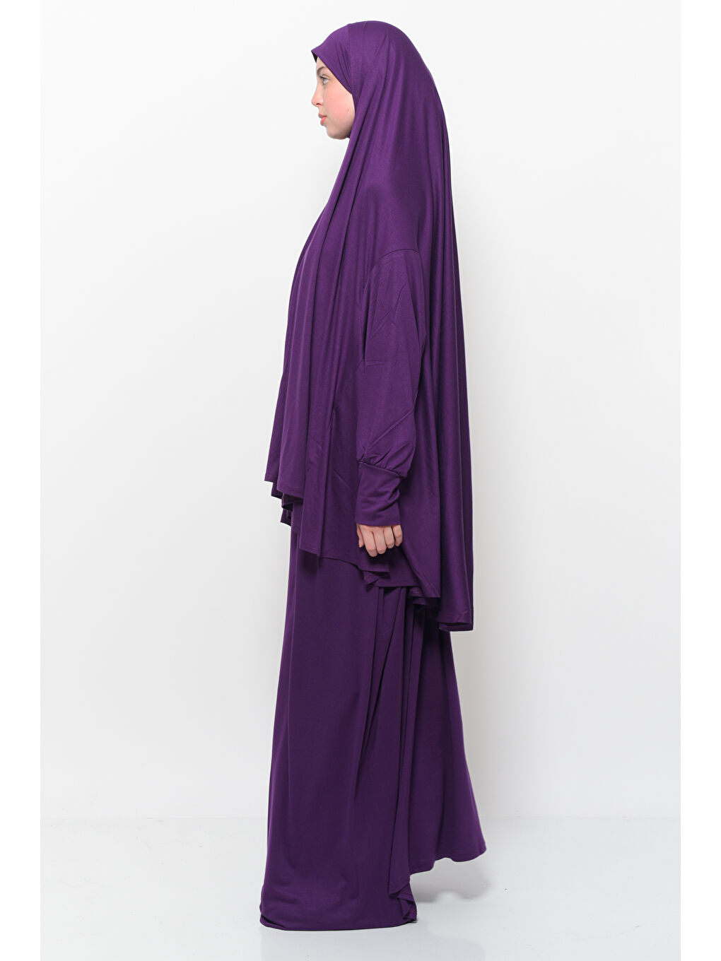 Mürdüm İki Parça Pamuklu Yarasa Kollu Başörtülü Organik Terletmez  Elbise-1