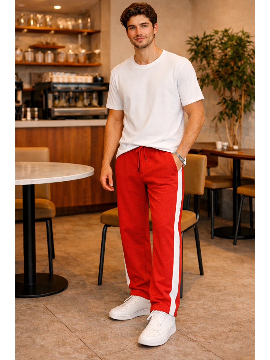 Erkek Kırmızı Şeritli Eşofman Altı Bağcıklı Baggy Rahat Kesim Günlük Spor Pantolon