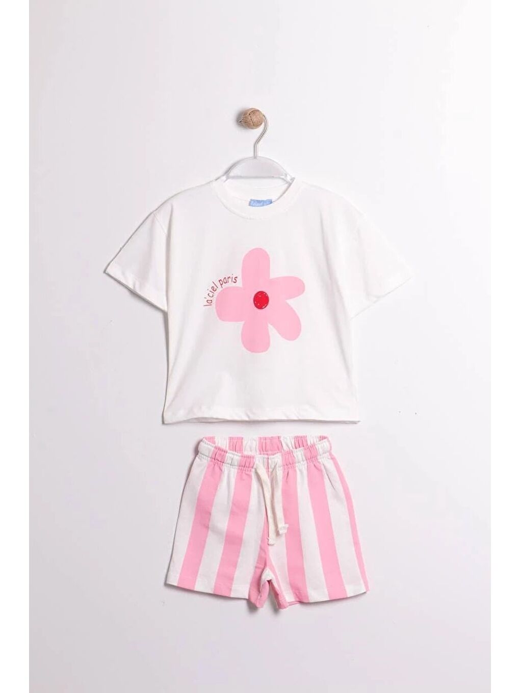 Kız Çocuk Pamuklu Beyaz Çiçek Baskılı Tişört Şort Takım - Pembe Çizgili-2