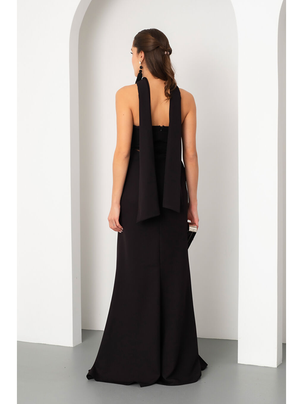 Kadın Siyah Taş İşlemeli Straplez Uzun Abiye Elbise-5