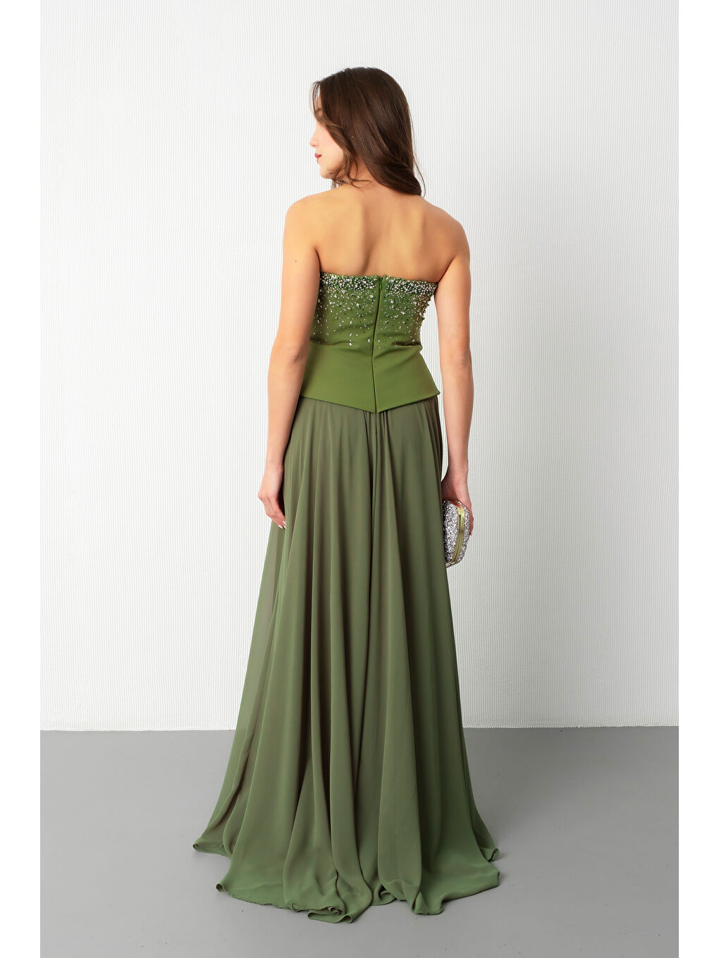 Kadın Haki Straplez Taşlı Uzun Tül Abiye Elbise-5