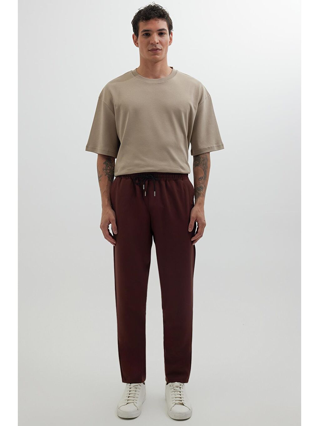 Kahverengi Erkek Regular Fit Beli Lastikli Bağcıklı Jogger Kiremit Pantolon Rahat Kesim Yan Cepli-3