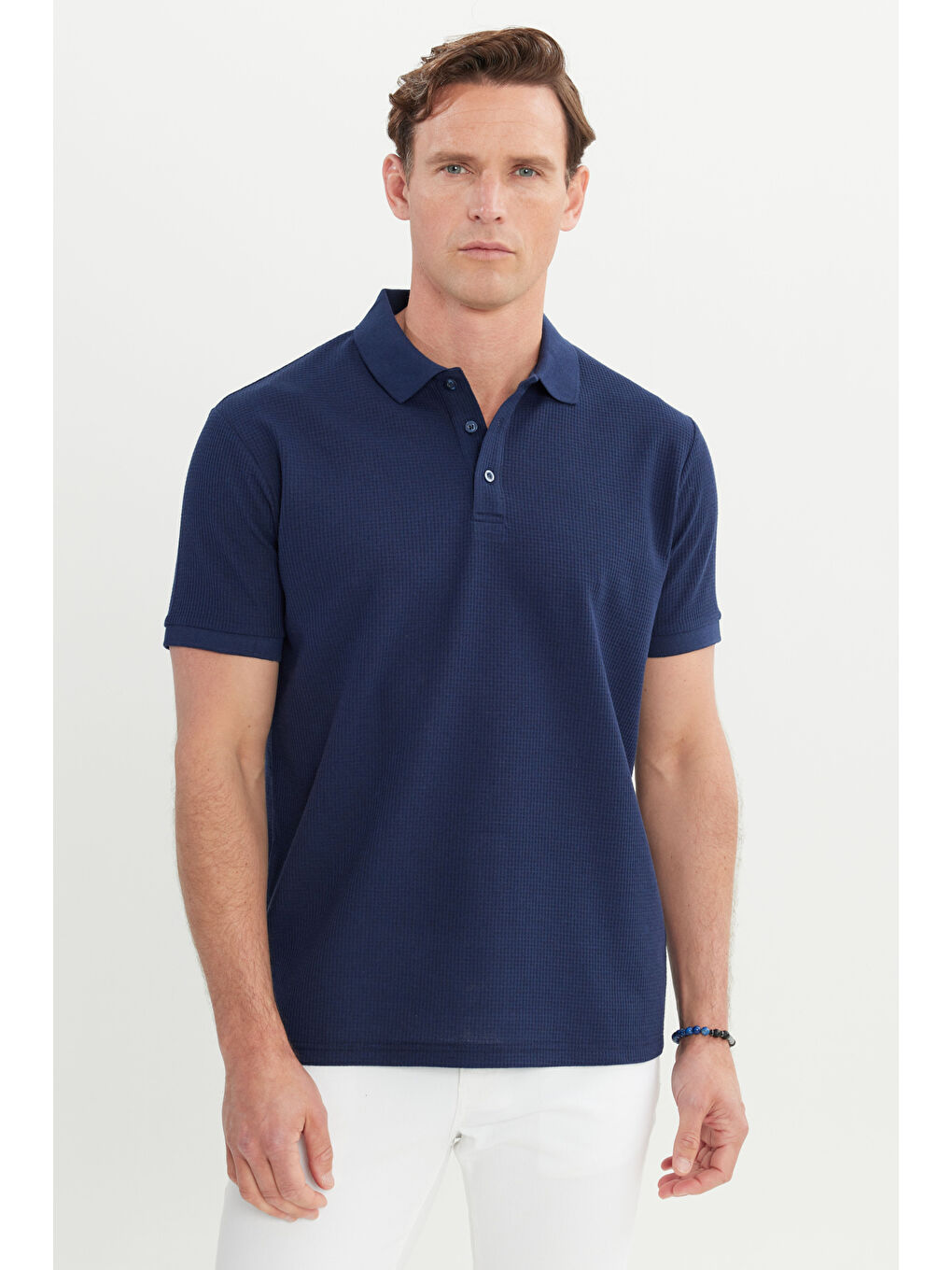 Erkek Lacivert Pamuklu Standart Fit Normal Kesim Desenli Polo Yaka Tişört